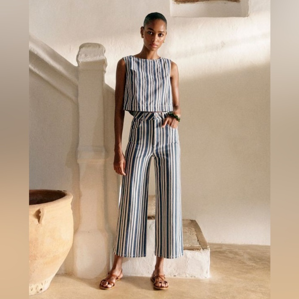 Sezane High Rise Wide-Leg Jeans in Navy and White Stripe